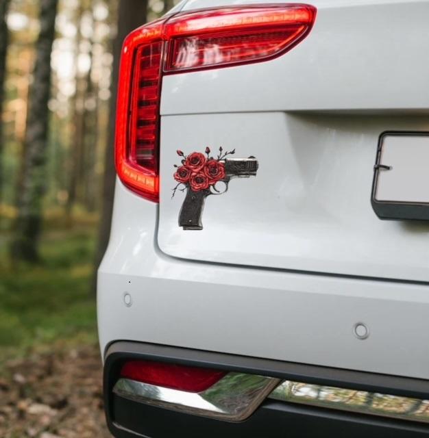 Black Gun with Red Roses Car Sticker, Bold Gun and Rose Design Decal for Cars, Trucks, Laptops, Unique Rose Gun Art, Cool Car accesory 4.5x4.7in, 1PC (Black Gun with Red) (1.75x30)