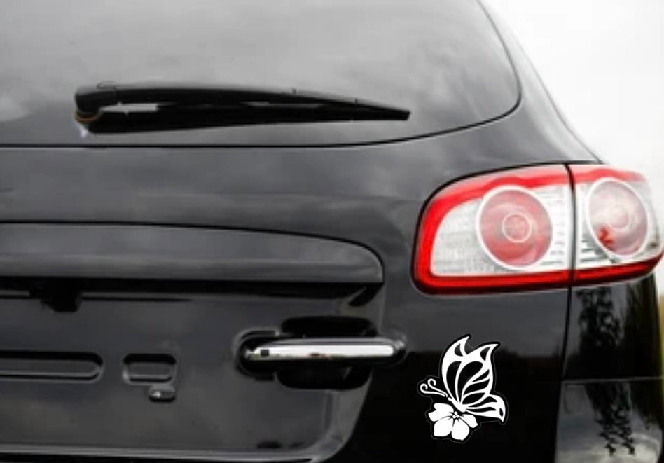 Butterfly with Hibiscus Flower Car Vinyl Decal, Hawaii Decal on Window, Bumper, Mirror, and Rear (1.75x30)