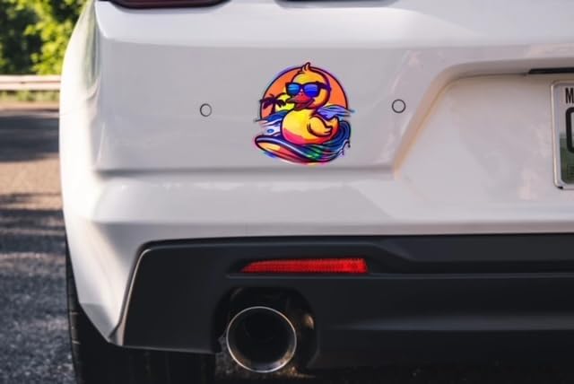 Yellow Rubber Ducks Holographic Auto Decal, Cool Surfing Rubber Ducks Graphic Sticker with Holographic Vinyl Waterproof, Made in USA, 4.5x4inch (SurfingDuck) (2.15x30)
