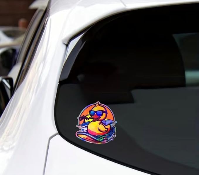 Yellow Rubber Ducks Holographic Auto Decal, Cool Surfing Rubber Ducks Graphic Sticker with Holographic Vinyl Waterproof, Made in USA, 4.5x4inch (SurfingDuck) (2.15x30)