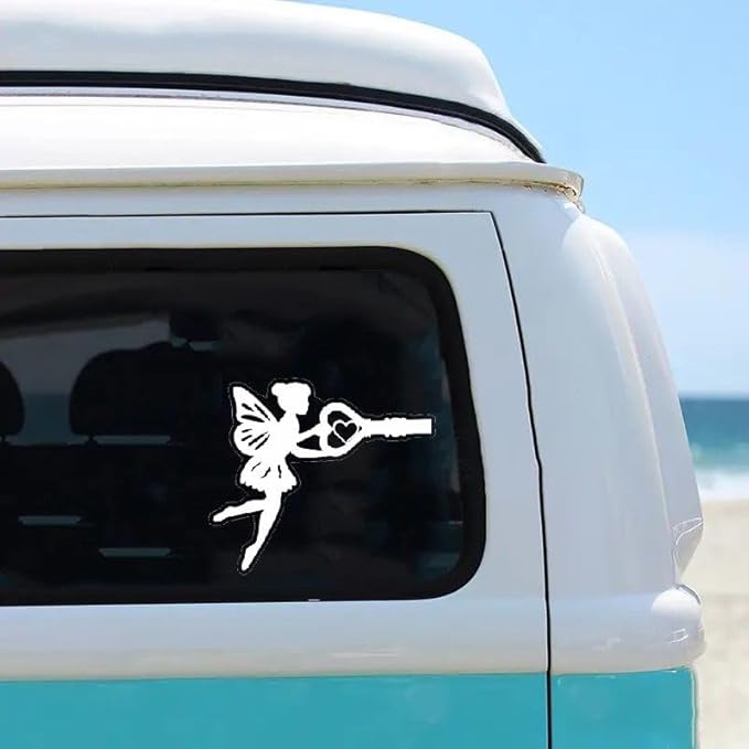 Fairy with Holding Key Silhouette Vinyl Car Decal, Fantasy Enchantment Dreamy Car Sticker WHITE (1.75x30)