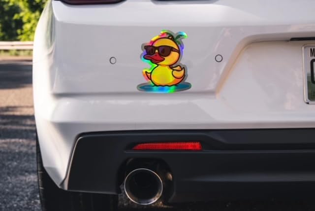 Yellow Rubber Ducks Holographic Auto Decal, Funny Summer Swimming Duck with Graphic Vinyl for Bumper Window Exterior Car Panel, Made in USA, 4.5x4inch (SwimmingDuck) (2.15x30)