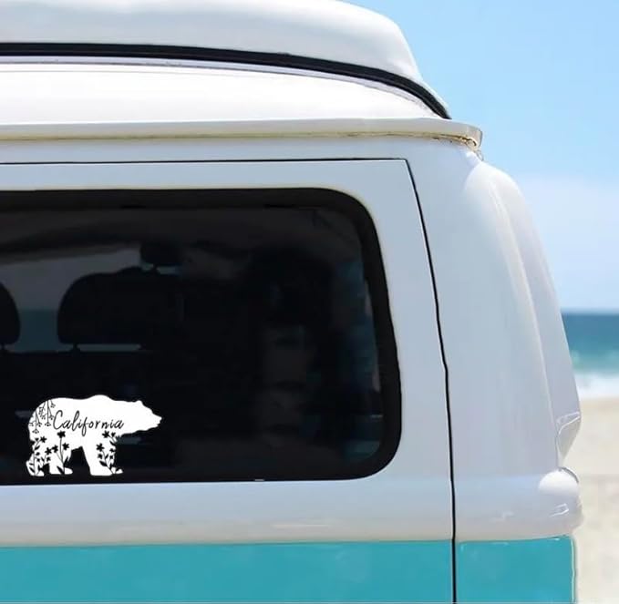 California Bear State Auto Sticker Silhouette with Word California, Cali Love, Grizzly Bear Vinyl Window WHITE (1.75x30)