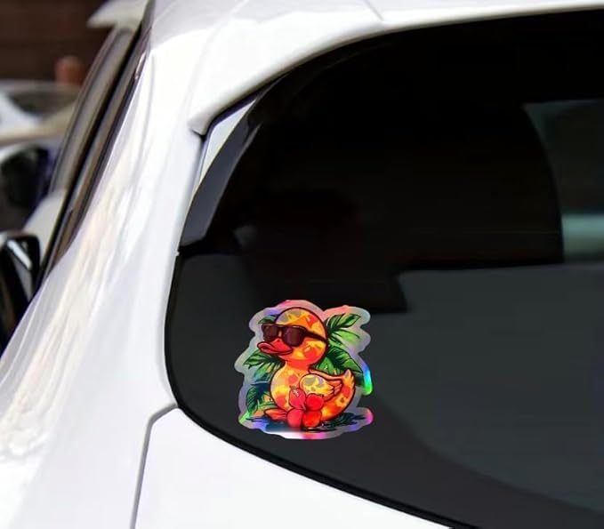 Hawaiian Rubber Ducks Holographic Auto Decal, Hawaii Hibiscus Duckling Beach Vinyl Sticker for Bumper Window Exterior Car Panel, Made in USA, 4.5x4inch (HawaiianDuck) (2.15x30)