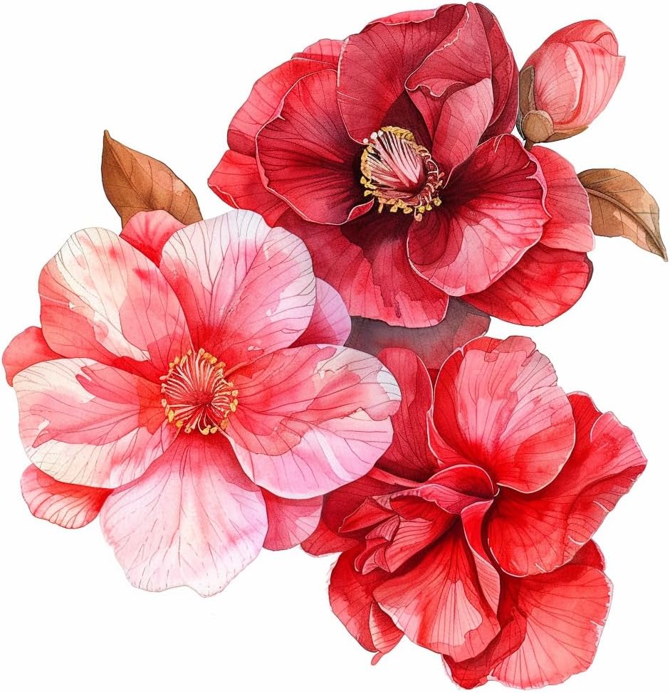Watercolor Red Camelia Flower Decals for Cars, Floral Bumper Sticker, Vehicle Decor Sticker, Beautiful Camelia Flower Sticker for Hard Case, Waterbottle, Notebook, Window, Mirror (2.15x30)