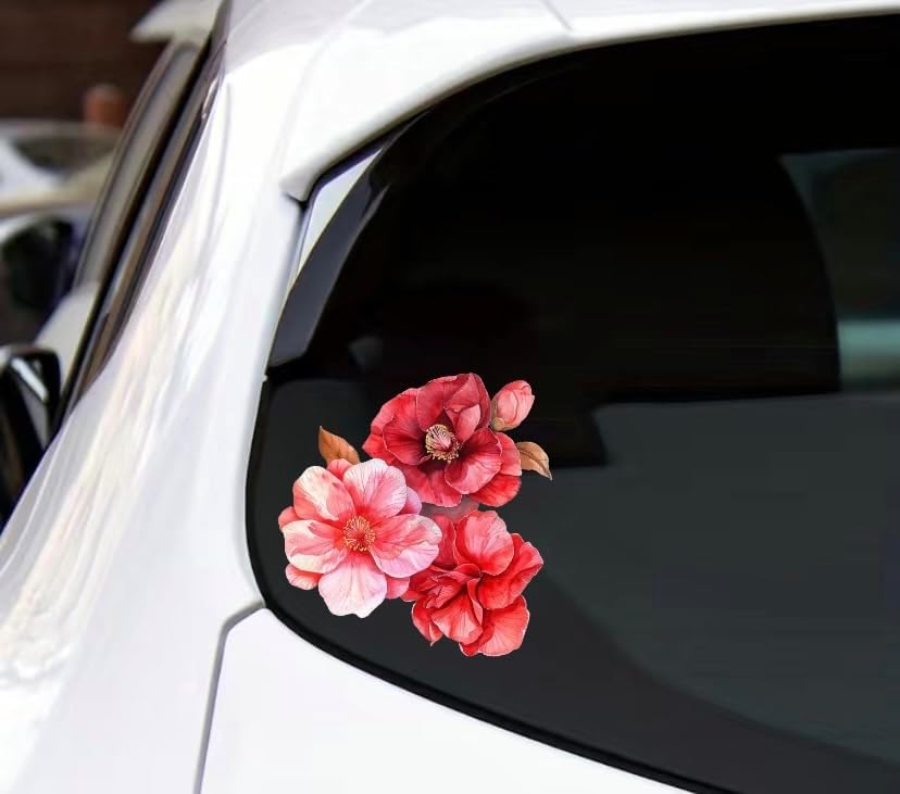 Watercolor Red Camelia Flower Decals for Cars, Floral Bumper Sticker, Vehicle Decor Sticker, Beautiful Camelia Flower Sticker for Hard Case, Waterbottle, Notebook, Window, Mirror (2.15x30)