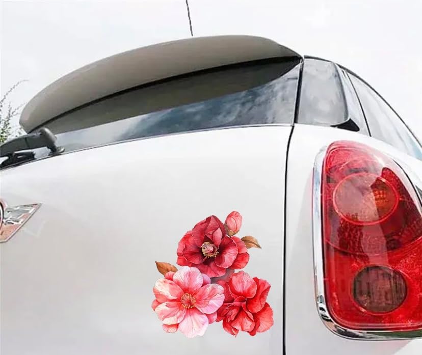 Watercolor Red Camelia Flower Decals for Cars, Floral Bumper Sticker, Vehicle Decor Sticker, Beautiful Camelia Flower Sticker for Hard Case, Waterbottle, Notebook, Window, Mirror (2.15x30)