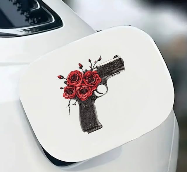 Black Gun with Red Roses Car Sticker, Bold Gun and Rose Design Decal for Cars, Trucks, Laptops, Unique Rose Gun Art, Cool Car accesory 4.5x4.7in, 1PC (Black Gun with Red) (1.75x30)