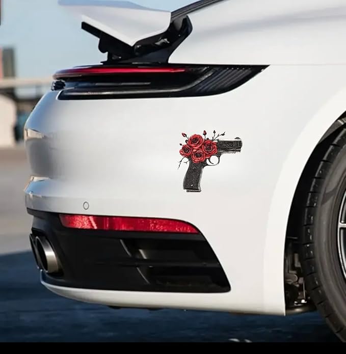 Black Gun with Red Roses Car Sticker, Bold Gun and Rose Design Decal for Cars, Trucks, Laptops, Unique Rose Gun Art, Cool Car accesory 4.5x4.7in, 1PC (Black Gun with Red) (1.75x30)
