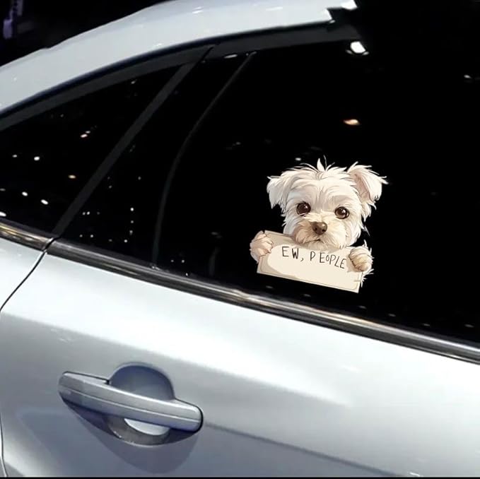 Anime Dog with EW People Quote Sticker for Car, Cute Maltese car Decal for Decoration Car Window Electronic Case Waterbottle, Dog Peek-a-Boo Window Cling, Vinyl Sticker (2.15x30)