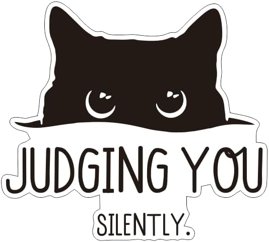 Peeking Curious Black Cat with Words "Judging You Silently" Car Decal, Unique Humorour Vinyl Decal, Peeking Cat Decal Window Trunk Rear Bumper (1.75x30)