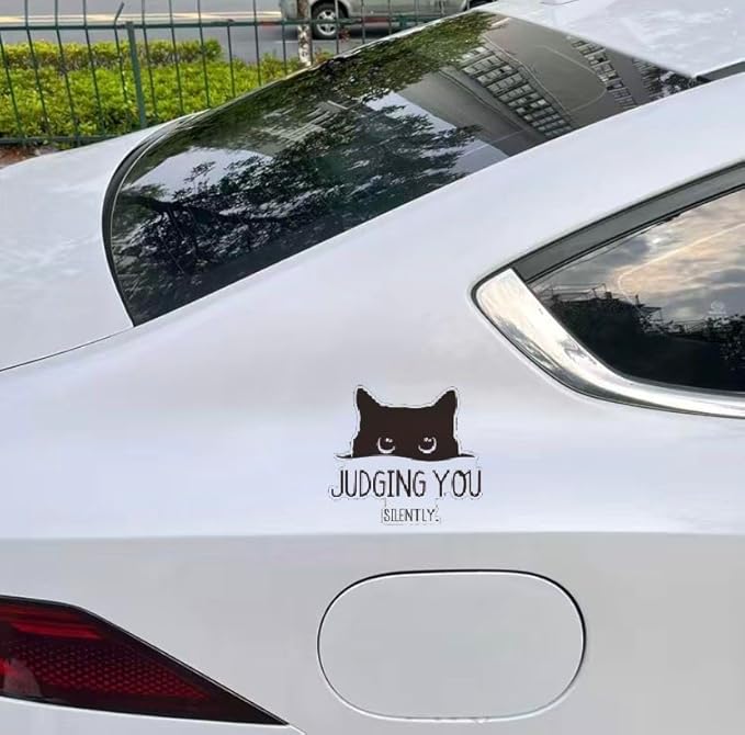 Peeking Curious Black Cat with Words "Judging You Silently" Car Decal, Unique Humorour Vinyl Decal, Peeking Cat Decal Window Trunk Rear Bumper (1.75x30)