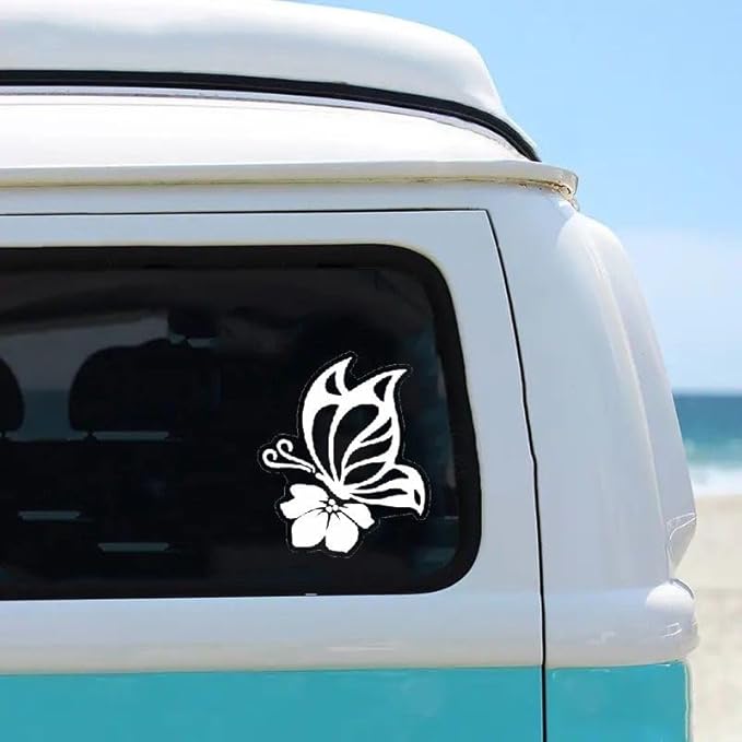 Butterfly with Hibiscus Flower Car Vinyl Decal, Hawaii Decal on Window, Bumper, Mirror, and Rear (1.75x30)
