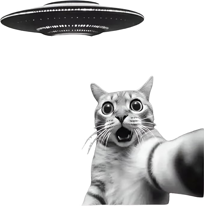 Surprised Funny Cat with UFO Vinyl Decal, Funny 3D Cat Car Graphic for Window, Bumper, Body Panels, Cool Cat Decals for Men, Women, Kids, Alien Sci-Fi Car Accessory (1.75x30)