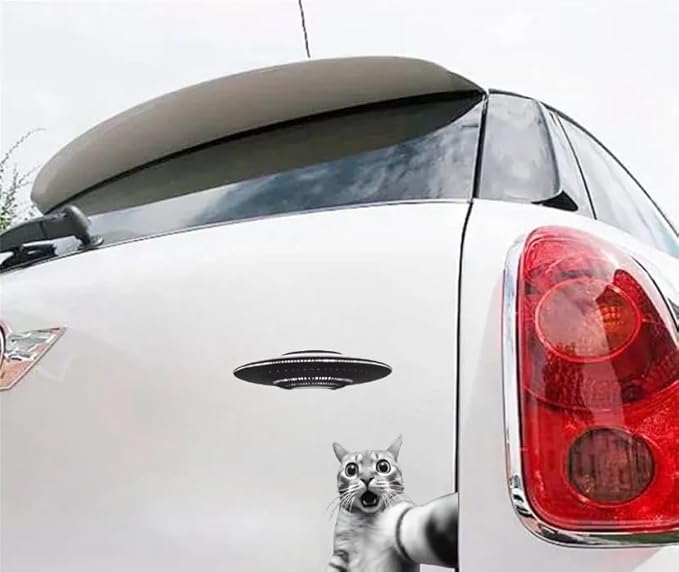 Surprised Funny Cat with UFO Vinyl Decal, Funny 3D Cat Car Graphic for Window, Bumper, Body Panels, Cool Cat Decals for Men, Women, Kids, Alien Sci-Fi Car Accessory (1.75x30)