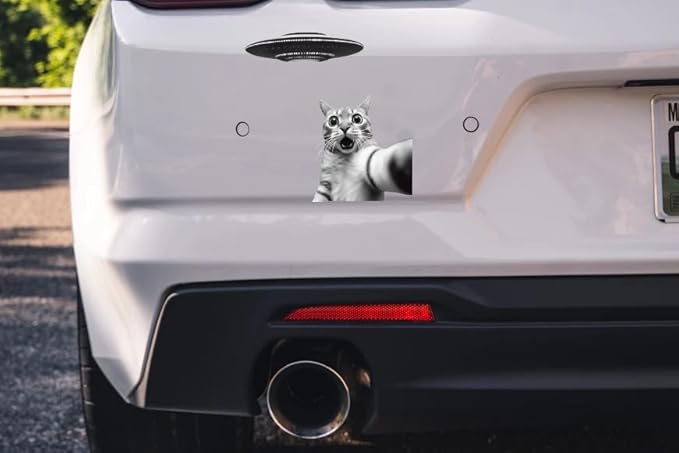 Surprised Funny Cat with UFO Vinyl Decal, Funny 3D Cat Car Graphic for Window, Bumper, Body Panels, Cool Cat Decals for Men, Women, Kids, Alien Sci-Fi Car Accessory (1.75x30)