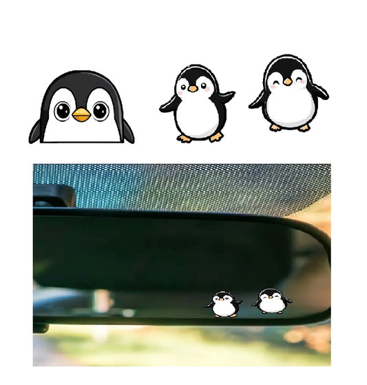 3PC Cute Penguins Rearview Mirror Sticker Decal, Mirror Sticker with Peeking Anime Penguins, Transparent Weatherproof Vinyl Sticker for Women, Girls(3 Penguins) (2.15x30)