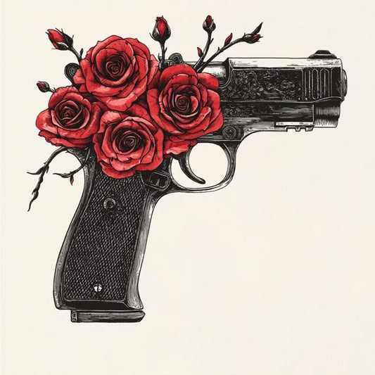 Black Gun with Red Roses Car Sticker, Bold Gun and Rose Design Decal for Cars, Trucks, Laptops, Unique Rose Gun Art, Cool Car accesory 4.5x4.7in, 1PC (Black Gun with Red) (1.75x30)