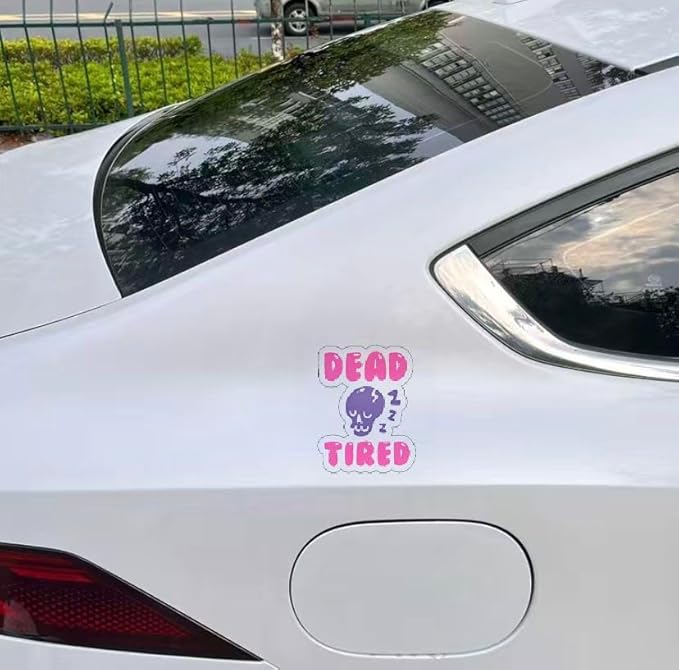 Dead Tired Graphic Design with Cute Skull Anime, Warning Sign for Driver, Dark Humor Car Decal (1.75x30)