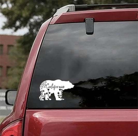 California Bear State Auto Sticker Silhouette with Word California, Cali Love, Grizzly Bear Vinyl Window WHITE (1.75x30)