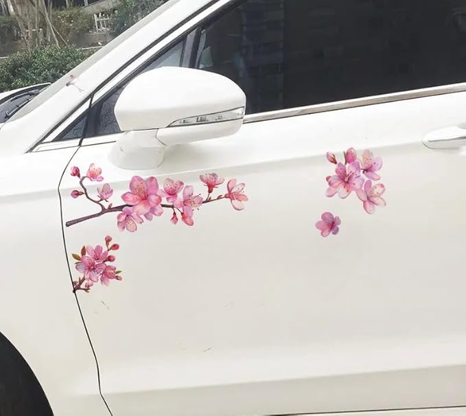 3 PCS Pink Cherry Blossom Car Decal Sticker, Sakura Blossom Flower as Pink Flower for Window, Bumper, Mirror, Japanese Watercolor Pink Cherry Car Decal, Flower Decals Waterproof  (2.50x30)