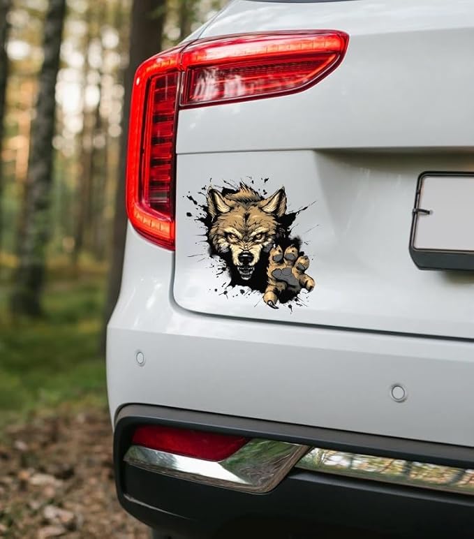 Wolf Decal Sticker with Paws, 3D Brown Wolf Sticker, Wolf Claw Graphic Decal, Wolf Motif for Car Exterior, Wolf and Paw Decals for Car Decoration, Work for Laptop, Guitar Case, Helmet etc (2.15x30)