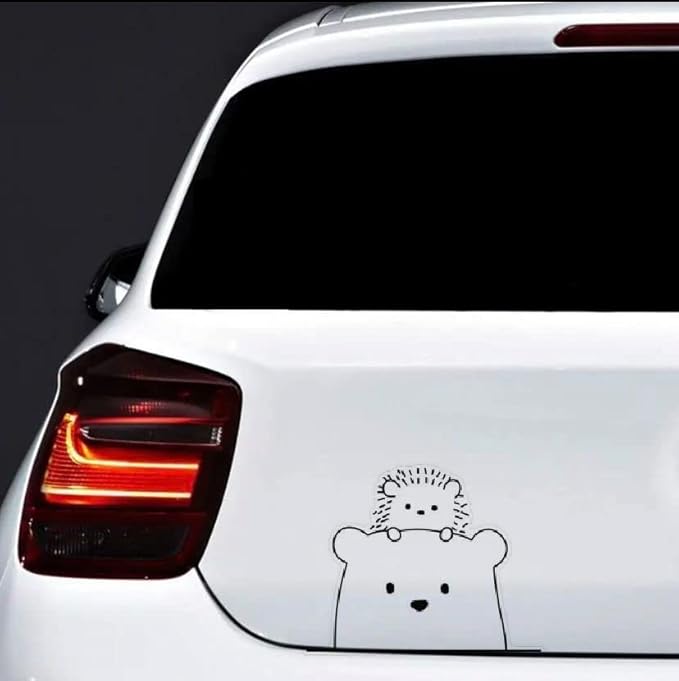 Transparent Cute Vinyl Decals for Car Truck Rear Gas Cover Window Bumper, Peeking Bear and Hedgehog, 5x5inch (1.75x30)