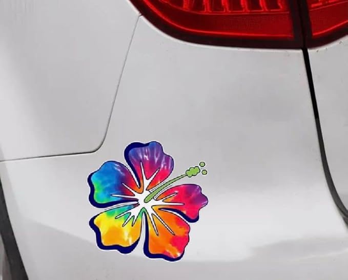 Hibiscus Rainbow Tropical Flower Stickers Decal for Car, Hawaiian Flower Holographic Vinyl Decal for Car, Window, Bumper (Rainbow) (2.15x30)
