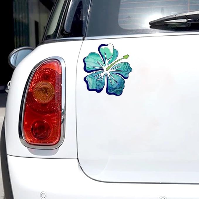 Hibiscus Tropical Flower Stickers Decal for Car, Large Hawaiian Flower Holographic Vinyl Sticker for Trunk, Window, Bumper, Side (Blue)(2.15x30)