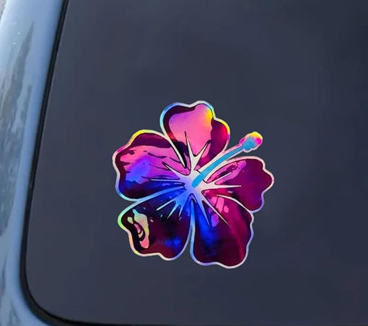 Holographic Hibiscus Purple Flower Car Decal Sticker, Tropical Hawaiian Flower, Waterproof Auto Accessories, Summer Decorative Sticker for case, Waterbottle, Window, Mirror (Purple) (2.15x30)