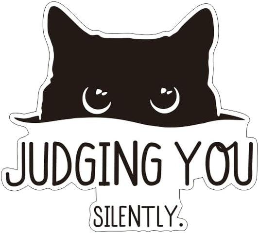 Peeking Curious Black Cat with Words "Judging You Silently" Car Decal, Unique Humorour Vinyl Decal, Peeking Cat Decal Window Trunk Rear Bumper (1.75x30)