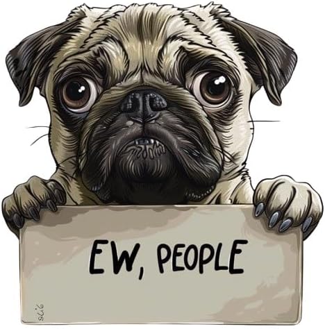 Cute Pug Dog Anime Decal, EW People Funny Humorous Sticker with Kawaii Puppy, Peeking Dog with Warning Label, Peek-a-Boo car Window Cling, Bumper, trunck, Door (2.15x30)