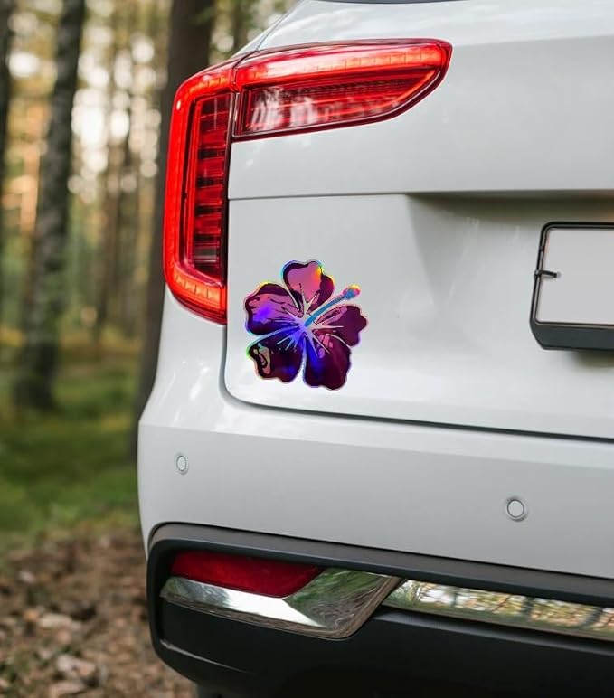 Holographic Hibiscus Purple Flower Car Decal Sticker, Tropical Hawaiian Flower, Waterproof Auto Accessories, Summer Decorative Sticker for case, Waterbottle, Window, Mirror (Purple) (2.15x30)