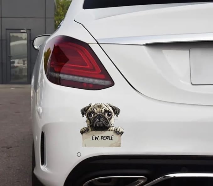 Cute Pug Dog Anime Decal, EW People Funny Humorous Sticker with Kawaii Puppy, Peeking Dog with Warning Label, Peek-a-Boo car Window Cling, Bumper, trunck, Door (2.15x30)