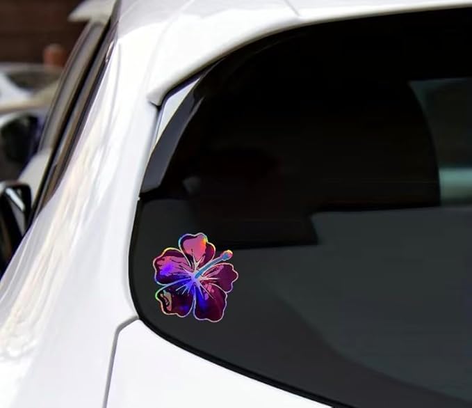 Holographic Hibiscus Purple Flower Car Decal Sticker, Tropical Hawaiian Flower, Waterproof Auto Accessories, Summer Decorative Sticker for case, Waterbottle, Window, Mirror (Purple) (2.15x30)