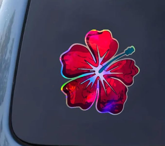 Hibiscus Pink Flower Decal for Cars Holographic Vinyl, Tropical Hawaiian Flower, Waterproof Auto Accessories, Summer Decorative Sticker for case, Waterbottle, Window, Mirror (Pink) (2.15x30)