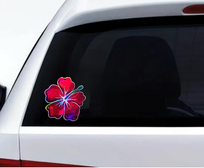 Hibiscus Pink Flower Decal for Cars Holographic Vinyl, Tropical Hawaiian Flower, Waterproof Auto Accessories, Summer Decorative Sticker for case, Waterbottle, Window, Mirror (Pink) (2.15x30)