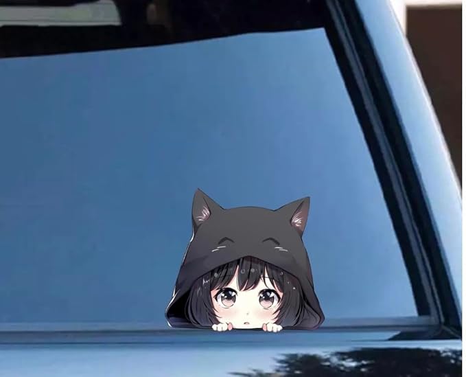 Peeking Anime Girl with Black Cat Hat Car Decal, Waterproof Kawaii Cute Stickers for Car, Truck, SUV, Motocycle, Bike, Car Accessories for Chibi Girl is Sneaking for Girls and Teens (2.15x30)