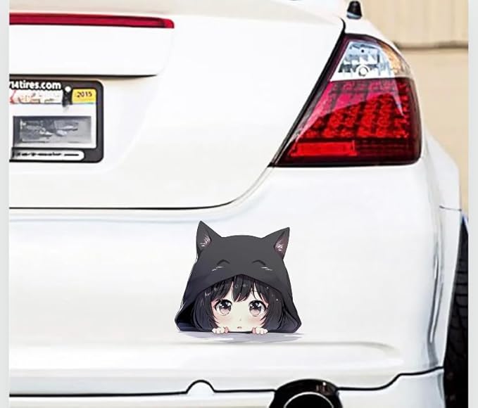 Peeking Anime Girl with Black Cat Hat Car Decal, Waterproof Kawaii Cute Stickers for Car, Truck, SUV, Motocycle, Bike, Car Accessories for Chibi Girl is Sneaking for Girls and Teens (2.15x30)
