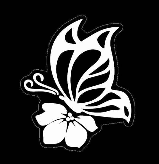 Butterfly with Hibiscus Flower Car Vinyl Decal, Hawaii Decal on Window, Bumper, Mirror, and Rear (1.75x30)