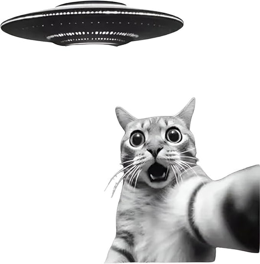 Surprised Funny Cat with UFO Vinyl Decal, Funny 3D Cat Car Graphic for Window, Bumper, Body Panels, Cool Cat Decals for Men, Women, Kids, Alien Sci-Fi Car Accessory (1.75x30)