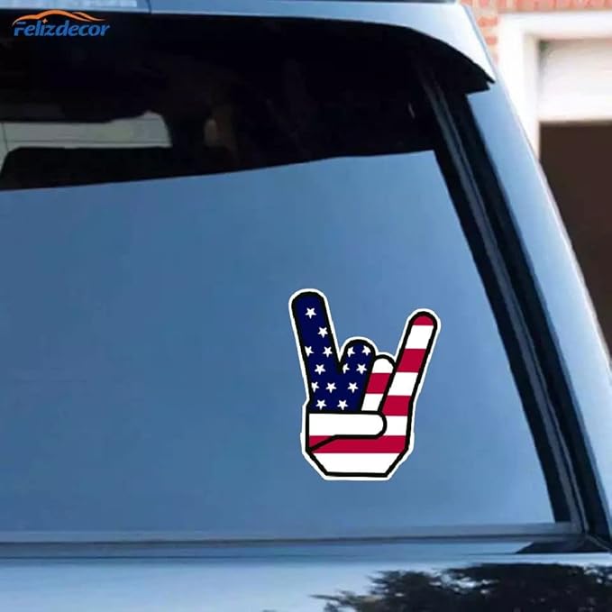 Rock On Hand Gesture American Flag design car decal (1.75x30)