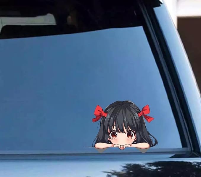 Peeking Anime Girl with Red Ties Car Decal, Kawaii Cute Waterproof Stickers for Car, Truck, SUV, Motocycle, Bike, Car Accessories for DIY Peel and Stick, Window, Laptop (2.15x30)