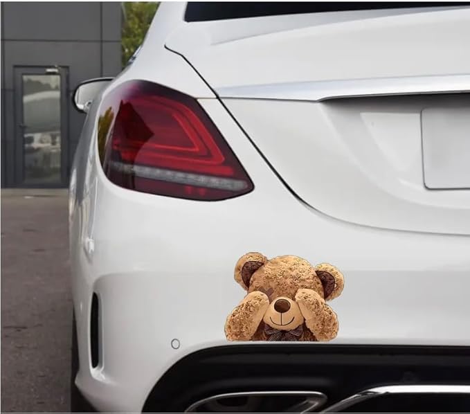 Shy Bear Teddy Car Decal, Brown Vinyl Sticker, Weatherproof, for Window, Vehicle, Bumper, Mirror, 5x5 inches (1.75x30)