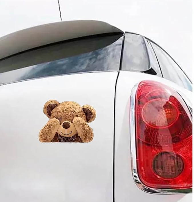 Shy Bear Teddy Car Decal, Brown Vinyl Sticker, Weatherproof, for Window, Vehicle, Bumper, Mirror, 5x5 inches (1.75x30)